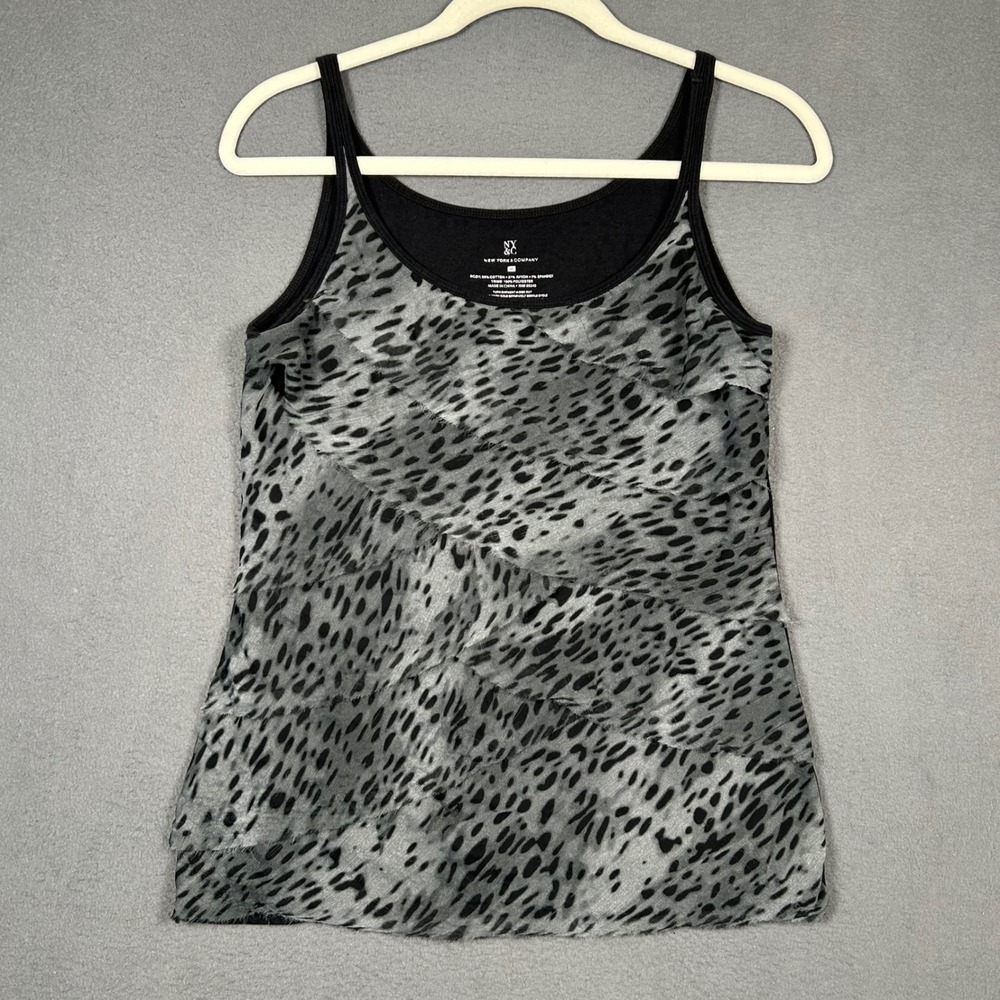 New York & Company Tank Top Womens M Gray Animal Print Tiered Ruffle Sleeveless